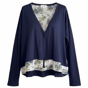 Tulip B Cotton Top Womens Med Navy Floral Boho Cottagecore Button Front V Neck